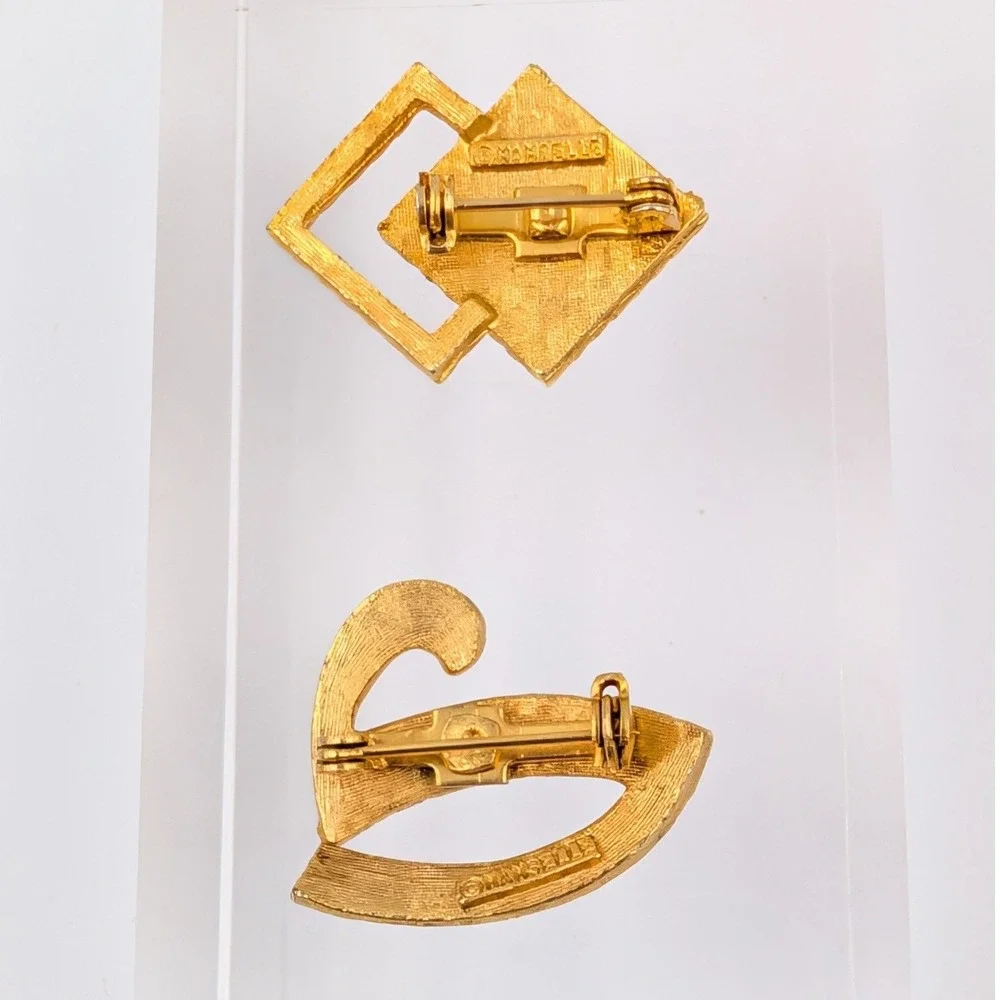 Vintage Mamselle Brooch Set of 2 Gold Tone MCM Abstract and Geometric Textured